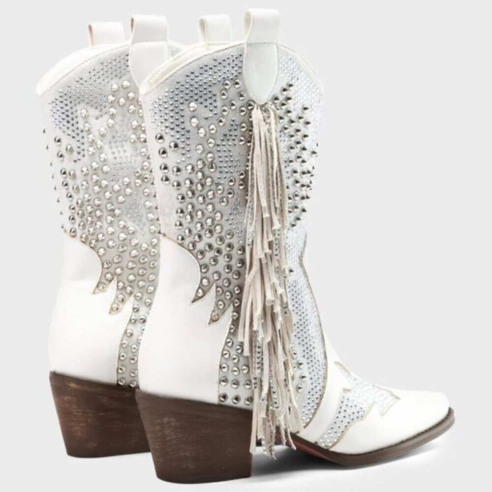Women Rhinestone Western Boots - Pointed Toe Chunky Heel Ankle Cowgirl Booties - Picture 2 of 6